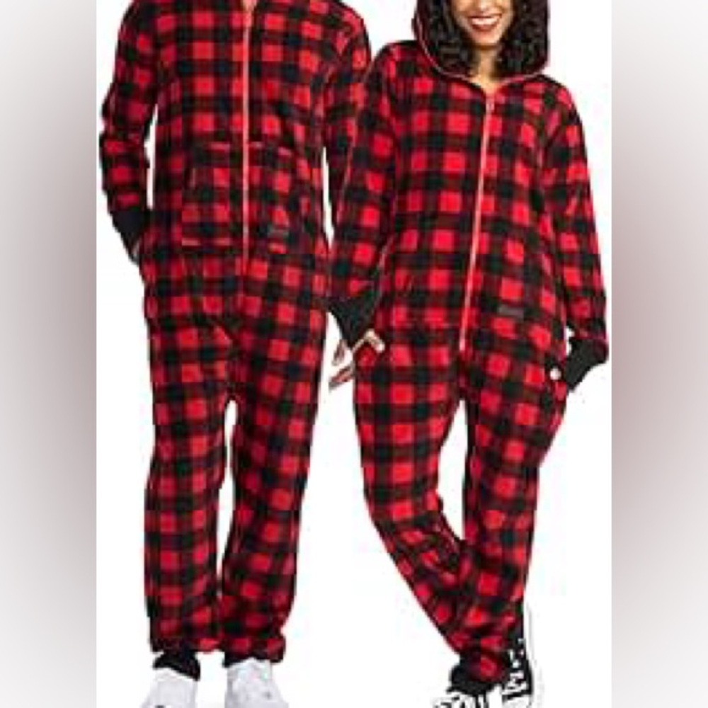 Red Buffalo Plaid Lumberjack Hooded Onesie with Pockets - Adult Size Med EC